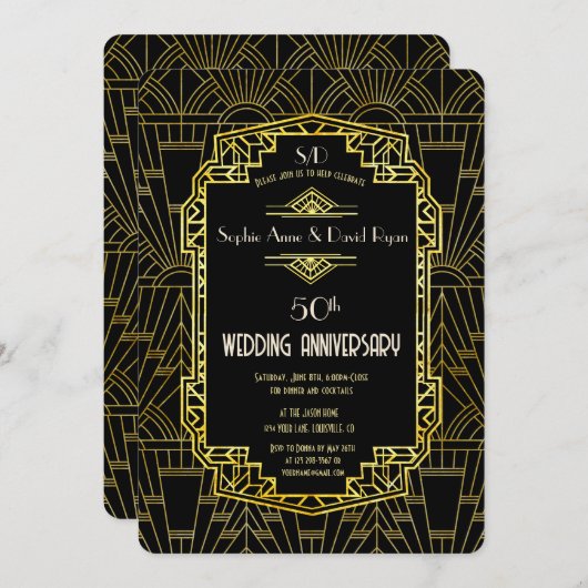 ブラックゴールド グレートギャツビー 50周年結婚記念日 招待状 (正面/裏面)