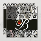 ブラックゴールド シルク ダマスク生地 モノグラム  レッド ルビー 招待状 (正面/裏面)