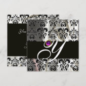 ブラックゴールド シルク ダマスク モノグラム パープル アメシスト 招待状 (正面/裏面)