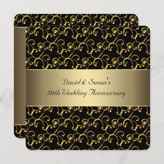 ブラックゴールド スワール 50周年 結婚記念日 パーティー 招待状 (正面/裏面)