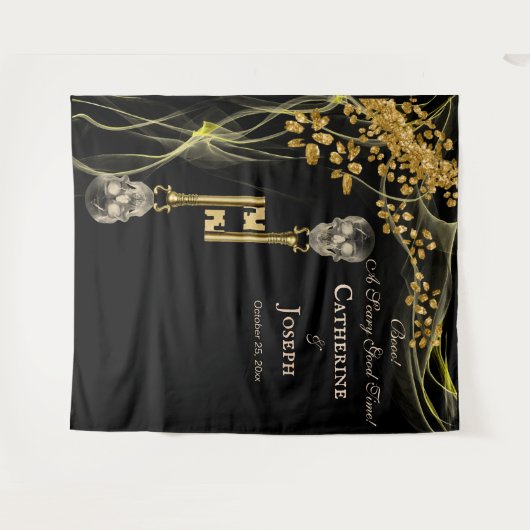 ブラックゴールド ハロウィン ウェディング & ゴールド スカル キー タペストリー (正面(横))