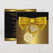 ブラックゴールド ハート ボウ 女性の50歳の誕生日パーティー 招待状 (正面/裏面)