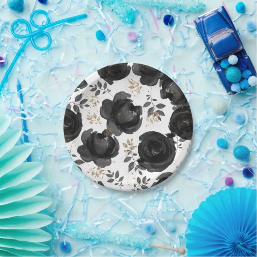 ブラックゴールド フローラル グラム リーフ ウェディング ペーパープレート (パーティー)