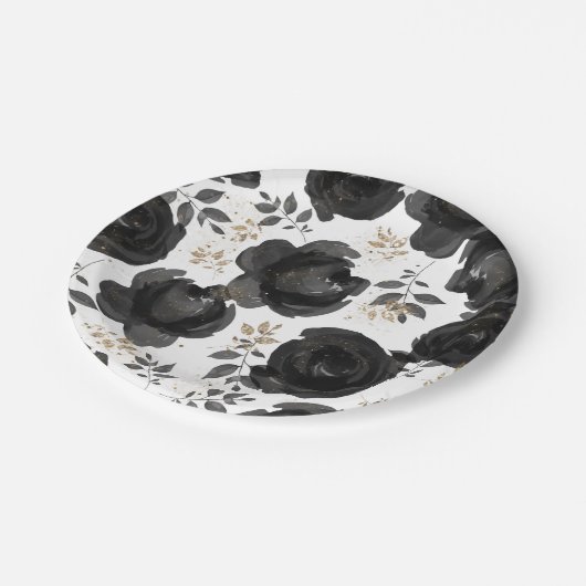 ブラックゴールド フローラル グラム リーフ ウェディング ペーパープレート (アングル)