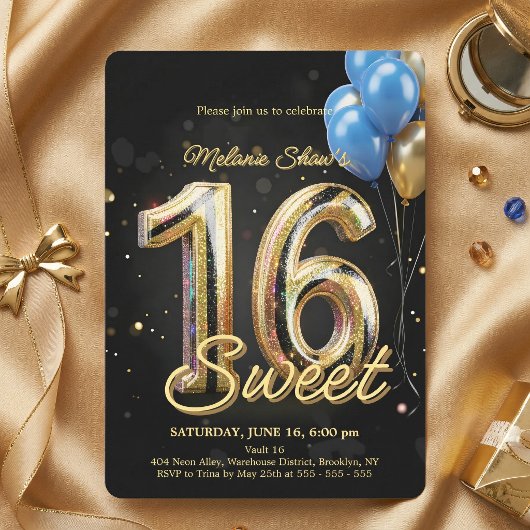 ブラックゴールド ブルースパークル バルーン スイート16 誕生日 招待状