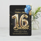 ブラックゴールド ブルースパークル バルーン スイート16 誕生日 招待状 (スタンド正面)