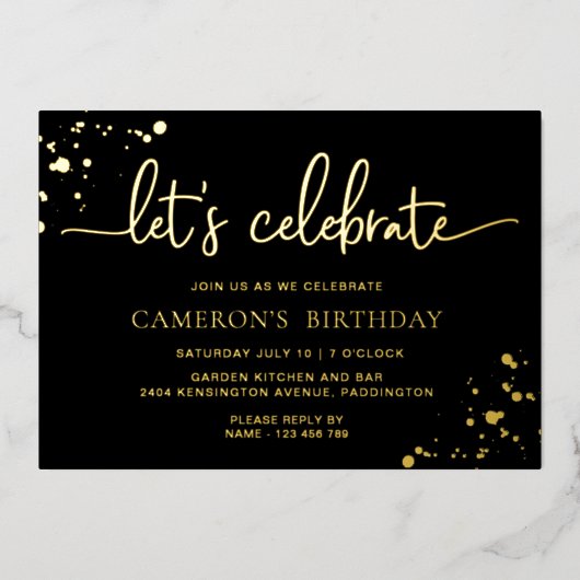 ブラックゴールド ペイントリー Let's Celebrate 誕生日 箔招待状 (正面)