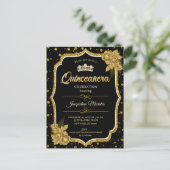 ブラックゴールド&ホワイトのキンセアニエラ誕生日招待状 ポストカード (スタンド正面)