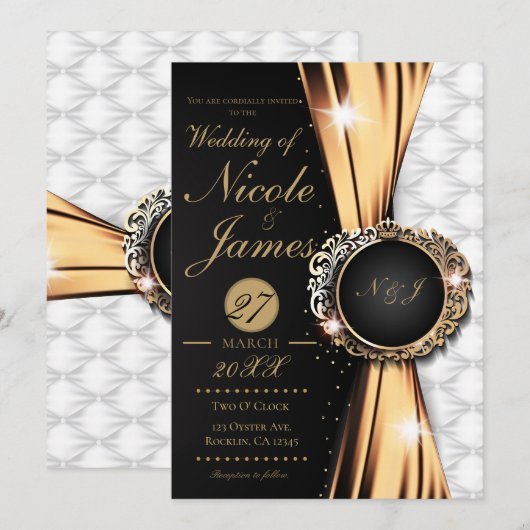 ブラックゴールド&ホワイト エレガント ラグジュアリー ウェディング オア イベント 招待状 (正面/裏面)