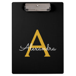 ブラックゴールド モダンスクリプト ガーリー モノグラム ネーム クリップボード