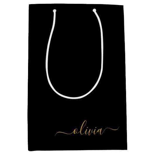 ブラックゴールド モダンスクリプト ガーリー モノグラム ネーム ミディアムペーパーバッグ (正面)