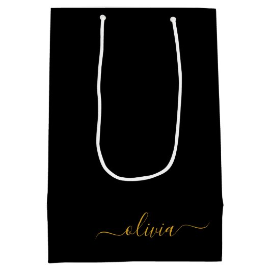 ブラックゴールド モダンスクリプト ガーリー モノグラム ネーム ミディアムペーパーバッグ (裏面)