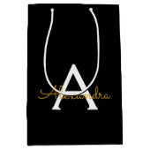 ブラックゴールド モダンスクリプト ガーリー モノグラム ネーム ミディアムペーパーバッグ (正面)