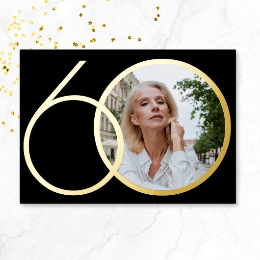 ブラックゴールド モダン オリジナル写真 60歳の誕生日 箔招待状