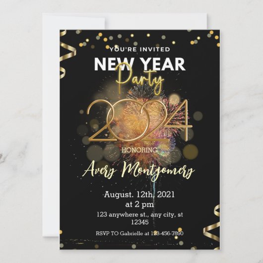 ブラックゴールド モダン 新年パーティー招待状 招待状 (正面)