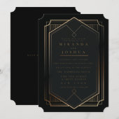 ブラックゴールド ラグジュアリー エレガント アートデコ ウェディング 招待状 (正面/裏面)