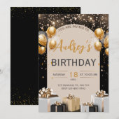 ブラックゴールド ラグジュアリー 誕生日招待状 招待状 (正面/裏面)