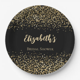 ブラックゴールド レオパードプリント グリッター ブライダルシャワー ペーパープレート