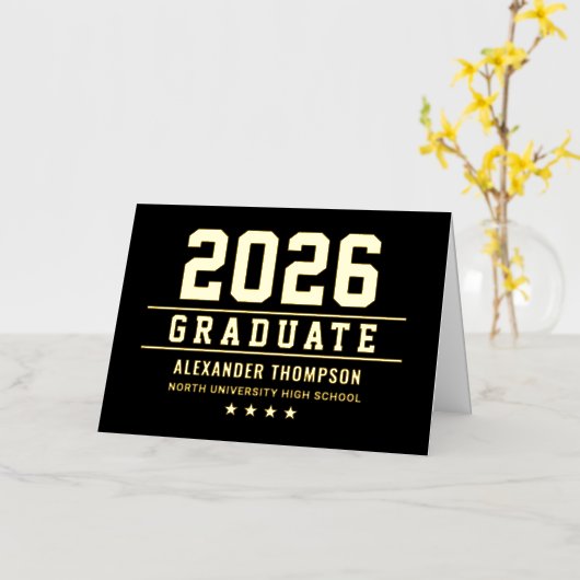 ブラックゴールド ヴァーシティ卒業お礼 2026 箔グリーティングカード (黄色い花)