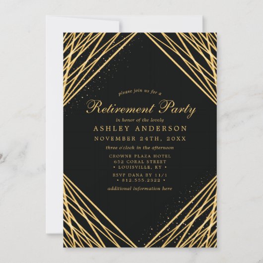 ブラックゴールド 幾何学的な抽象的な退職パーティー 招待状 (正面)
