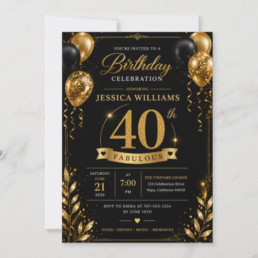 ブラックゴールド 40歳の誕生日招待状 | ギラギラ輝くゴージャスデザイン 招待状 (正面)