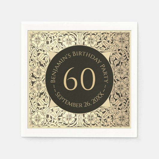 ブラックゴールド 60歳誕生日 エレガント ヴィンテージ フラワー スタンダードカクテルナプキン (正面)