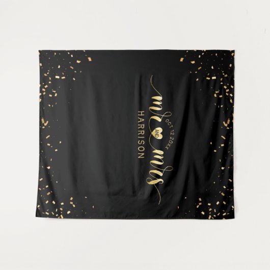 ブラックゴールド Mr. and Mrs. ウェディング フォトブース タペストリー (正面(横))