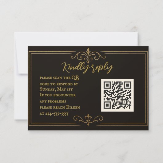 ブラックゴールドQRコード結婚式RSVPカード 出欠カード (正面)