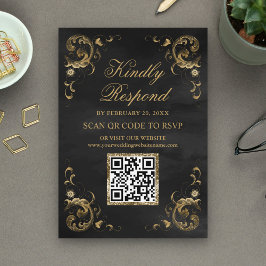 ブラックゴールドQRコードRSVP結婚式ウェブサイト エンクロージャーカード