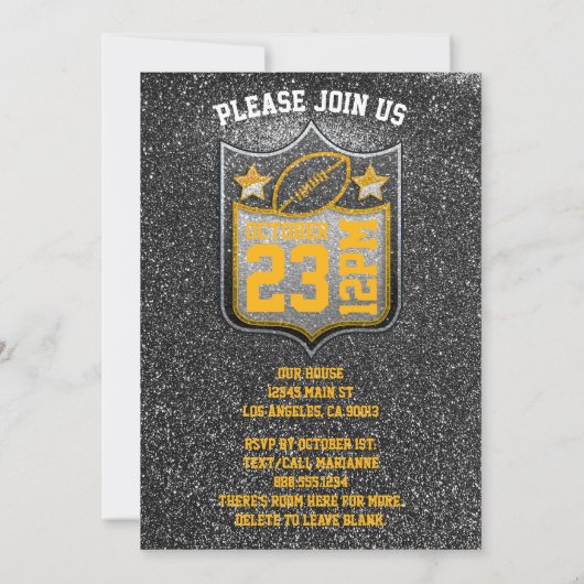 ブラックサッカーと金ゴールドサッカーチームのカラーズクォーターバック 招待状 (裏面)