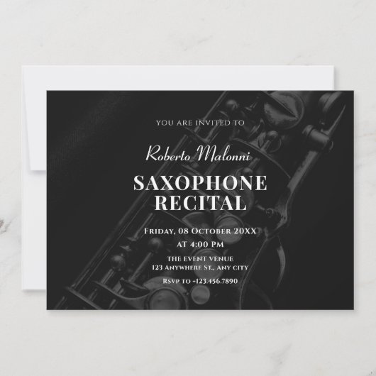 ブラックサックスジャズ音楽のコンサートへの招待 招待状 (正面)