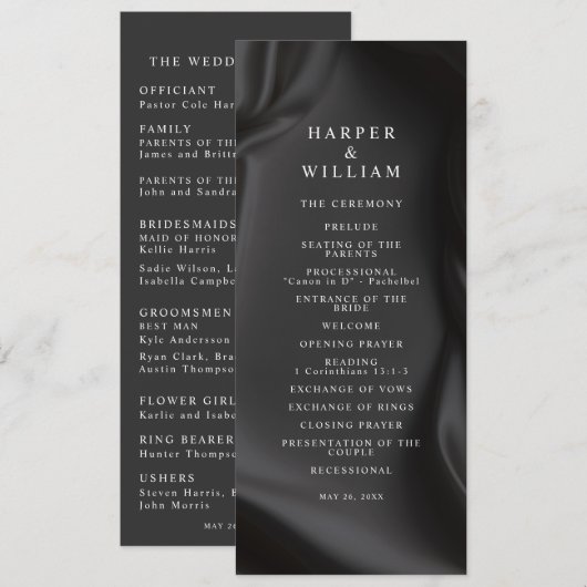 ブラックサテンの優雅な結婚式プログラム 招待状 (正面/裏面)