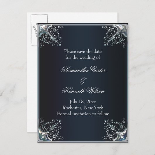 ブラックサテンブラックタイ結婚式招待状 案内ポストカード (正面/裏面)