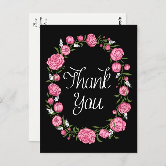 ブラックサンキューピンク牡丹フローラリース ポストカード (正面/裏面)