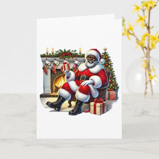 ブラックサンタと暖炉のパーソナライズされたクリスマス カード (黄色い花)