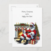 ブラックサンタと暖炉、ストッキング、ツリー シーズンポストカード (正面/裏面)