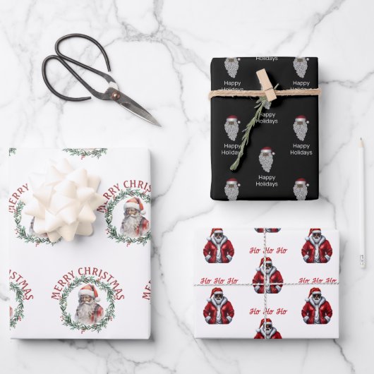 ブラックサンタパターンアフリカ系アメリカ人クリスマス ラッピングペーパーシート (正面)