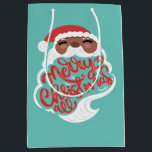 ブラックサンタ | Merry Christmas All、ターコイズブルー ミディアムペーパーバッグ<br><div class="desc">ブラックサンタとキラキラとメリークリスマスすべてのレタリングターコイズブルー背景</div>