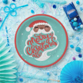 ブラックサンタ | Merry Christmas All |ターコイズ青 ペーパープレート (パーティー)