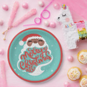 ブラックサンタ | Merry Christmas All |ターコイズ青 ペーパープレート (パーティー)