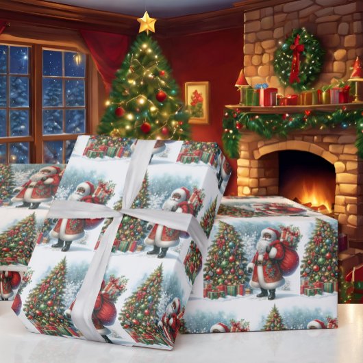 ブラックサンタin雪クリスマスツリー&ギフト ラッピングペーパー