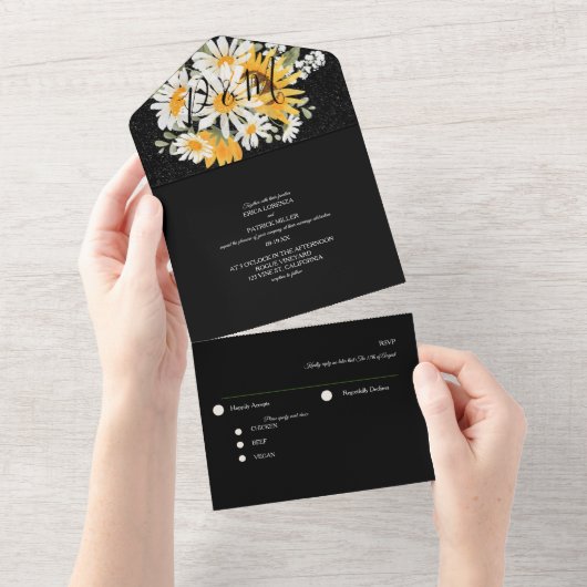 ブラックサンフラワーフローラグリッタースタイル オールインワン招待状 (貼ってはがせる)