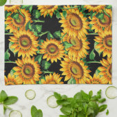 ブラックサンフラワーフローラコテージコアパターン キッチンタオル (折り畳み)