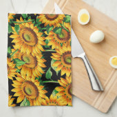 ブラックサンフラワーフローラコテージコアパターン キッチンタオル (四つ折り)