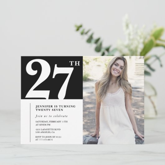 ブラックシックな写真付き27歳の誕生日招待状 招待状 (スタンド正面)