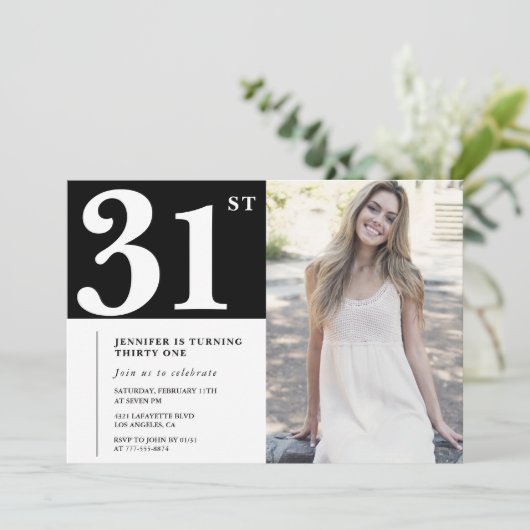 ブラックシックな31歳の誕生日招待状（写真付き） 招待状 (スタンド正面)