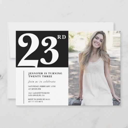 ブラックシックフォト23歳の誕生日招待状 招待状 (正面)