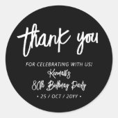 ブラックシックブラシスクリプト誕生日パーティーありがとう ラウンドシール (正面)