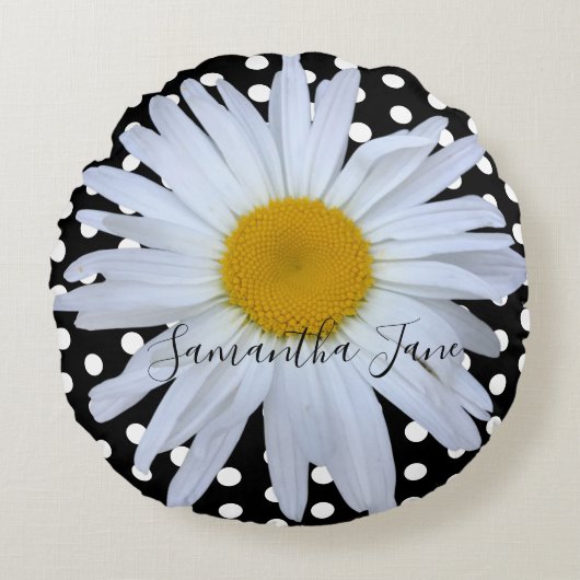 ブラックシックホワイト水玉模様おもしろいカスタムデイジー ラウンドクッション (正面)