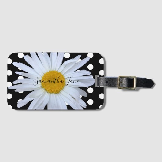 ブラックシックホワイト水玉模様おもしろいカスタムデイジー ラゲッジタグ (正面横)